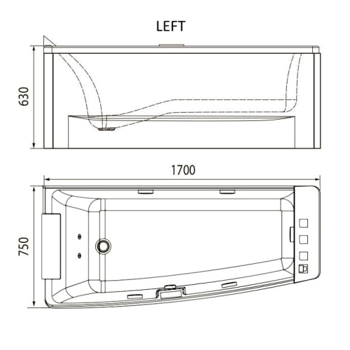 Ванна акрилова гідромасажна Volle 1700x75x63 cм лiва 12-88-102/L