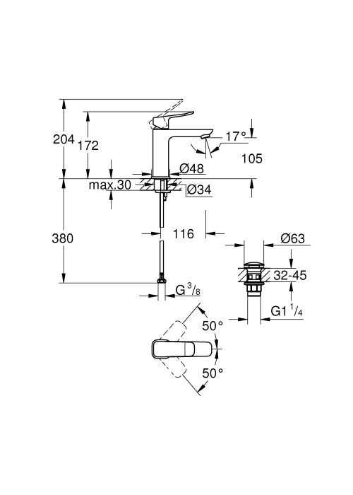 Смеситель для раковины Grohe QuickFix Dice M-Size 1018332430 с донным клапаном