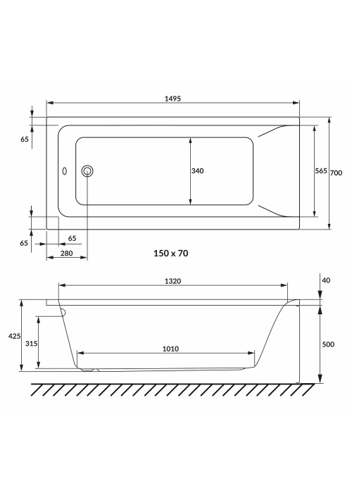 Ванна прямоугольная акриловая VOLLE SOLO 150x70 см белая 1210.001570