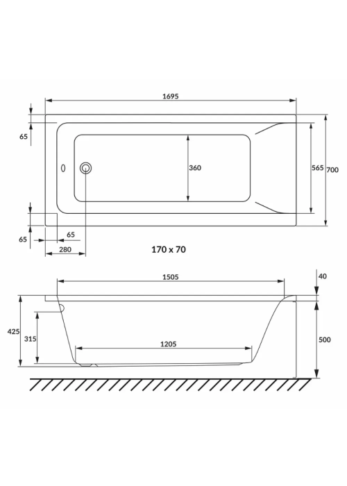 Ванна прямоугольная акриловая VOLLE SOLO 170x70 см белая 1210.001770