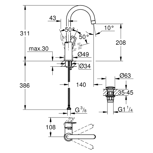Одноважільний змішувач для раковини Grohe BauLoop New L-Size + нажимний донний клапан (23891001)