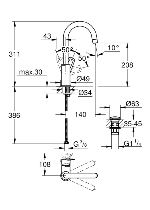 Одноважільний змішувач для раковини Grohe BauLoop New L-Size + нажимний донний клапан (23891001)