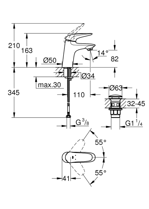 Однорычажный смеситель для раковины Grohe Wave S-Size + донный клапан (23582001)