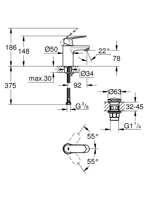 Однорычажный смеситель для раковины Grohe Eurosmart Cosmopolitan S-Size нажимной донный клапан (23925000)