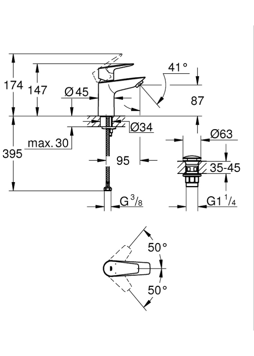 Однорычажный смеситель для раковины Grohe BauEdge New S-Size LowFlow + нажимной донный клапан (23896001)