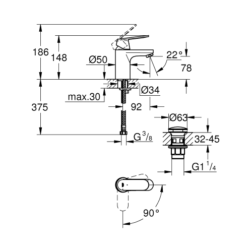 Одноважільний змішувач для раковини Grohe Eurosmart Cosmopolitan S-Size нажимний донний клапан (23927000)