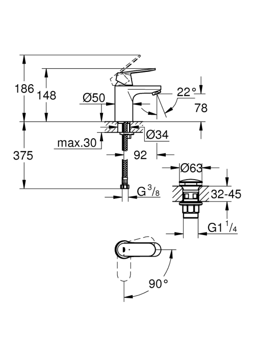 Однорычажный смеситель для раковины Grohe Eurosmart Cosmopolitan S-Size нажимной донный клапан (23927000)