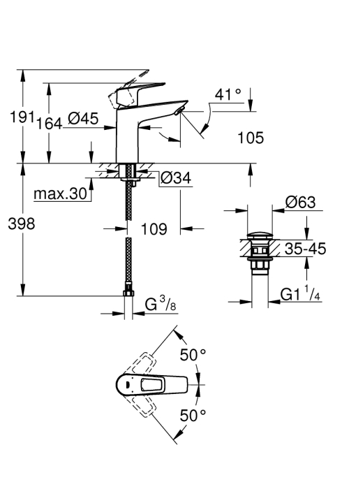 Однорычажный смеситель для раковины Grohe BauLoop New M-Size + нажимной донный клапан (23886001)