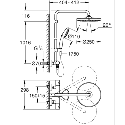 Душова система з термостатом для настінного монтажу Grohe Tempesta System 250 (266702431)