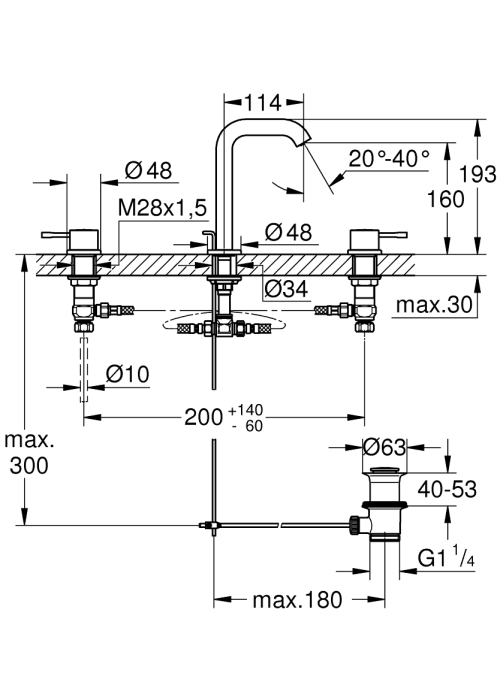 Смеситель для раковины Grohe Essence на 3 отверстия M-Size (20296001)