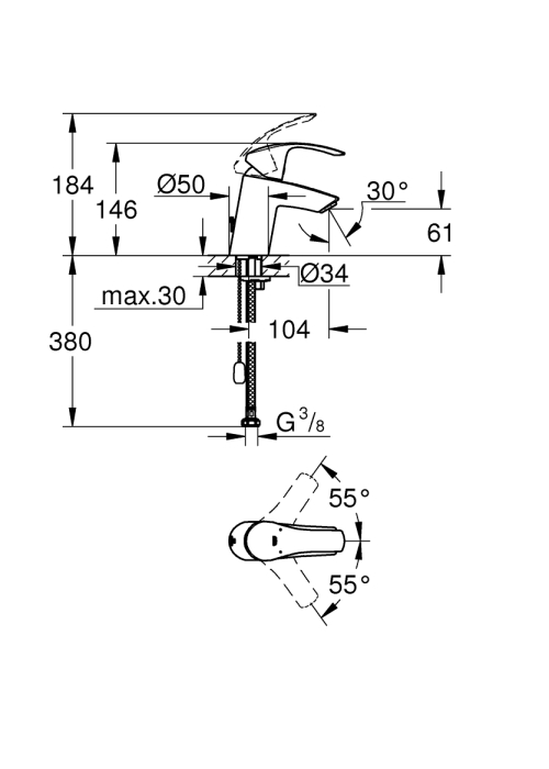 Однорычажный смеситель для раковины Grohe Eurosmart S-Size, цепочка (33188002)
