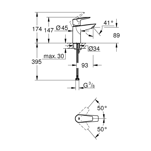 Одноважільний змішувач для раковини Grohe BauEdge New S-Size без донного клапана (23330001)