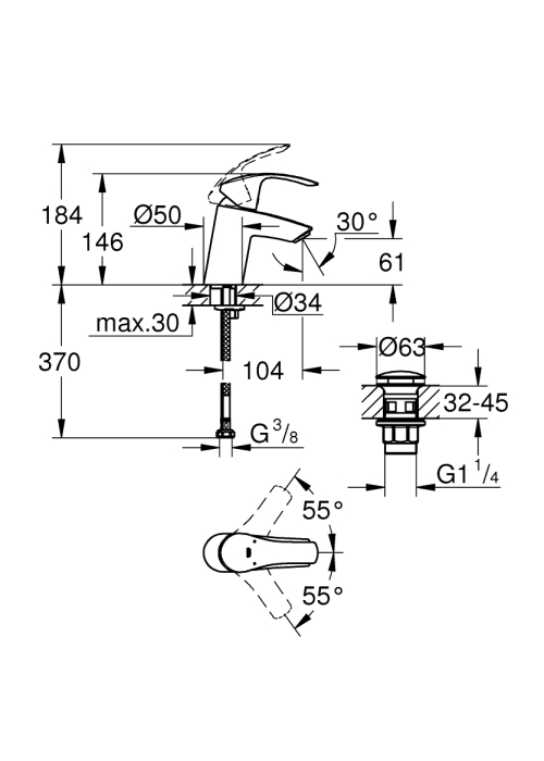 Однорычажный смеситель для раковины Grohe Eurosmart S-Size + нажимной донный клапан (23922002)