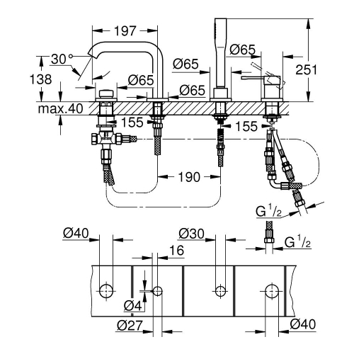 Одноважільний змішувач для ванни на 4 отвори Grohe Essence (25251DL1) Бронза матова