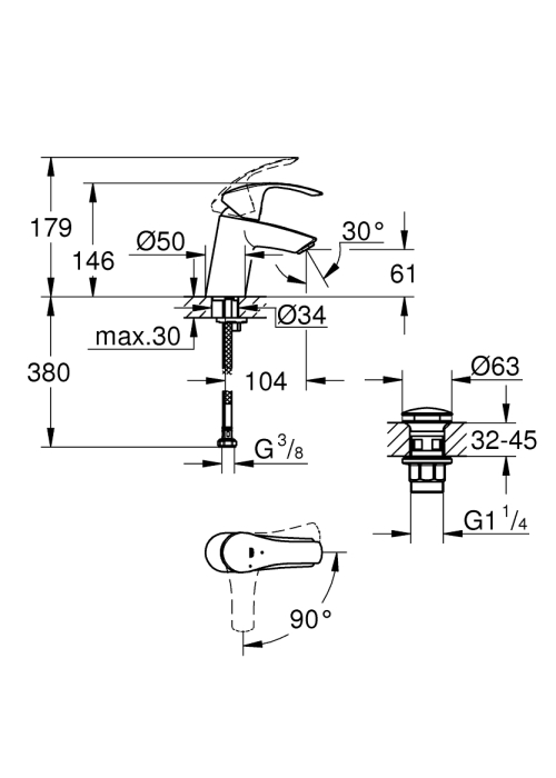 Однорычажный смеситель для раковины Grohe Eurosmart S-Size + нажимной донный клапан (23924002)