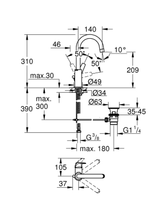 Однорычажный смеситель для раковины Grohe BauFlow L-Size (23753000)