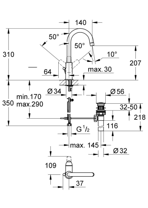 Однорычажный смеситель для раковины Grohe BauCurve L-Size (23090000)