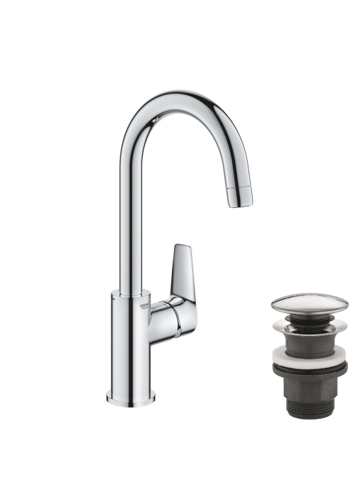 Однорычажный смеситель для раковины Grohe BauEdge New L-Size + нажимной донный клапан (23911001)