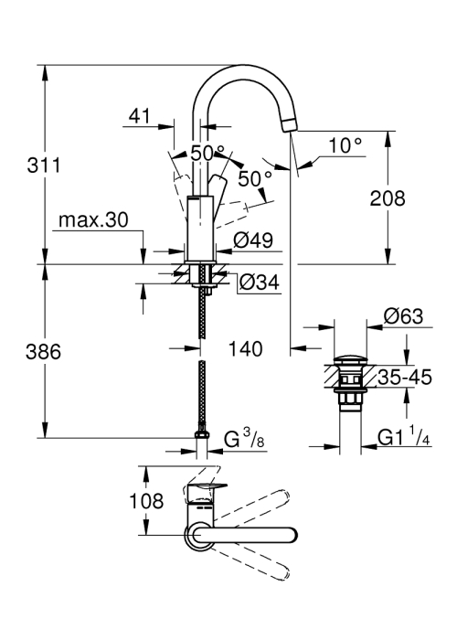 Однорычажный смеситель для раковины Grohe BauEdge New L-Size + нажимной донный клапан (23911001)