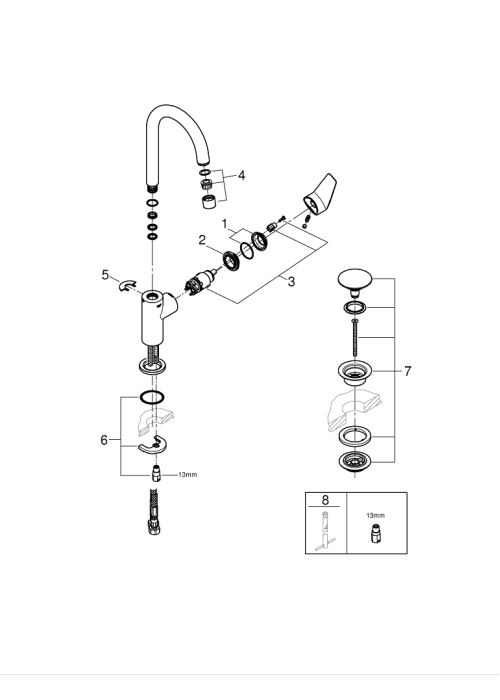 Однорычажный смеситель для раковины Grohe BauEdge New L-Size + нажимной донный клапан (23911001)