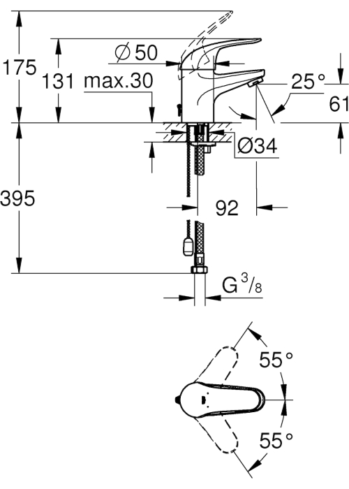 Смеситель однорычажный для раковины Grohe Euroeco S-Size с цепочкой (32881000)