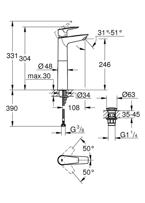 Змішувач на стільницю для раковини XL-розміру Grohe QuickFix Start Edge 23777001