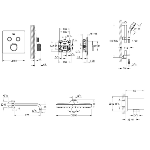 Душова система прихованого монтажу з термостатом Grohe QuickFix Grohtherm SmartControl&Vitalio Start 250 Cube UA202801C2