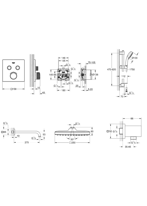 Душова система прихованого монтажу з термостатом Grohe QuickFix Grohtherm SmartControl&Vitalio Start 250 Cube UA202801C2