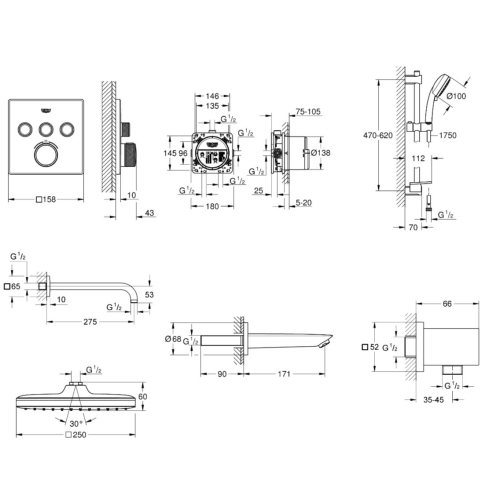 Душова система прихованого монтажу з термостатом Grohe QuickFix Grohtherm SmartControl&Vitalio Start 250 Cube UA202801C3