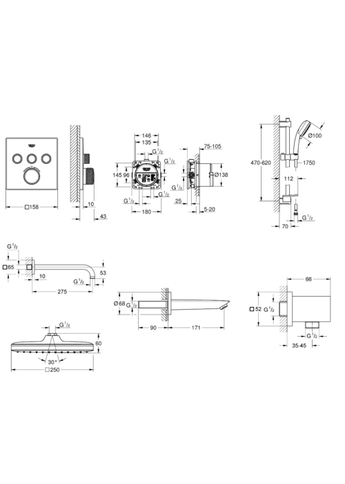 Душова система прихованого монтажу з термостатом Grohe QuickFix Grohtherm SmartControl&Vitalio Start 250 Cube UA202801C3