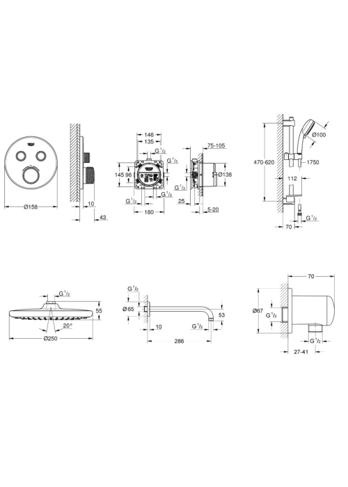 Душова система прихованого монтажу з термостатом Grohe QuickFix Grohtherm SmartControl&Vitalio Start 250 Round UA202801R2