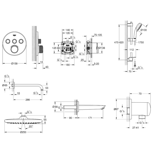 Душова система прихованого монтажу з термостатом Grohe QuickFix Grohtherm SmartControl&Vitalio Start 250 Round UA202801R3