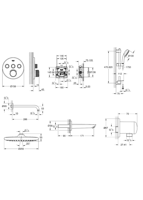 Душова система прихованого монтажу з термостатом Grohe QuickFix Grohtherm SmartControl&Vitalio Start 250 Round UA202801R3