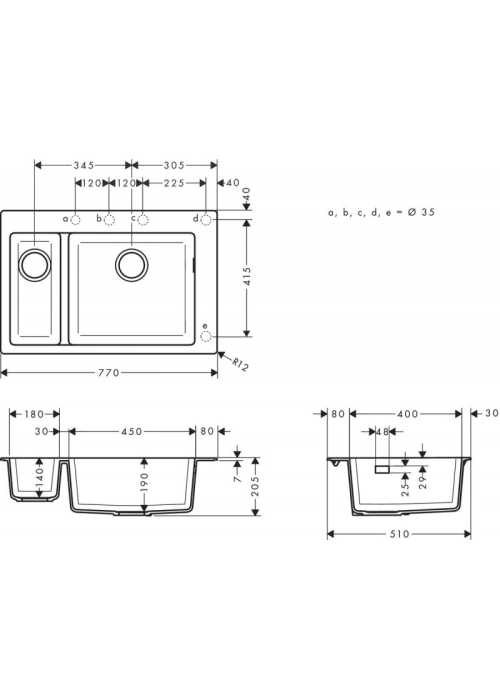 Кухонная мойка Hansgrohe S510-F635 770х510 на две чаши 180/450 Concretegrey (43315380)