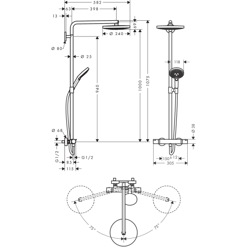 Душова система Hansgrohe Raindance Select S 240 2jet з термостатом, хром/білий 27129400