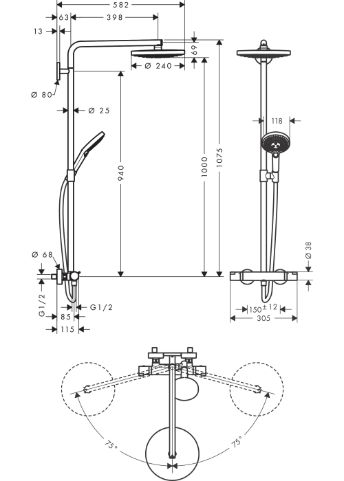 Душевая система Hansgrohe Raindance Select S 240 2jet с термостатом, хром/белый 27129400