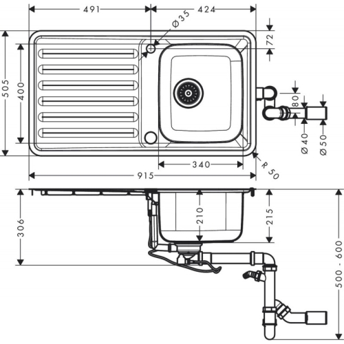 Кухонная мойка Hansgrohe S4113-F340 на столешницу 915х505 с сифоном automatic 43337800