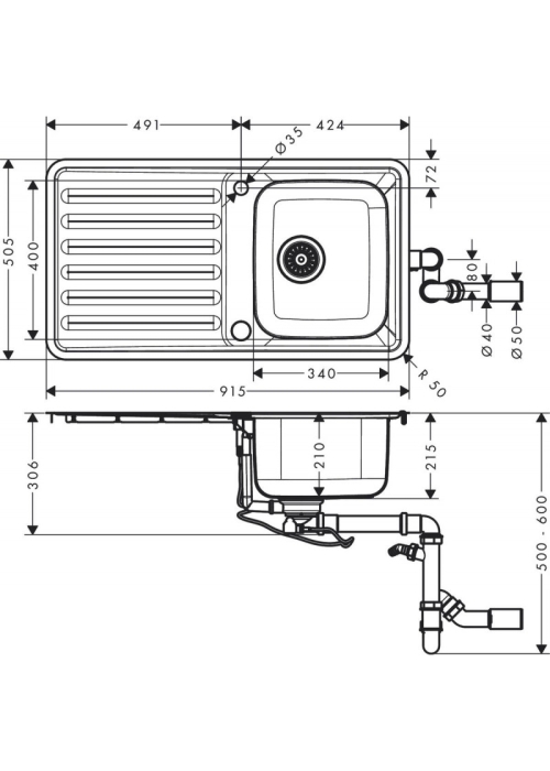 Кухонная мойка Hansgrohe S4113-F340 на столешницу 915х505 с сифоном automatic 43337800