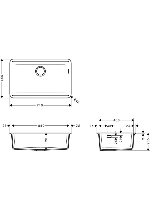 Кухонная мойка Hansgrohe S510-U660 под столешницу 710х450 Graphiteblack 43432170