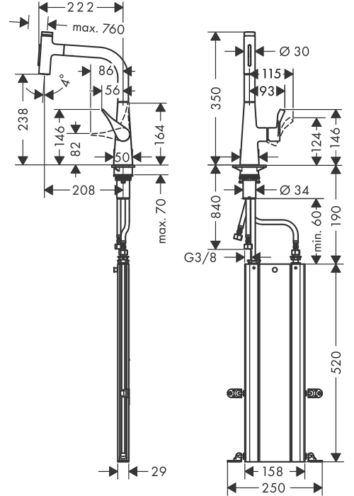 Змішувач для кухні Hansgrohe Metris Select 240 2jet з висувним зливом Sbox 73817000