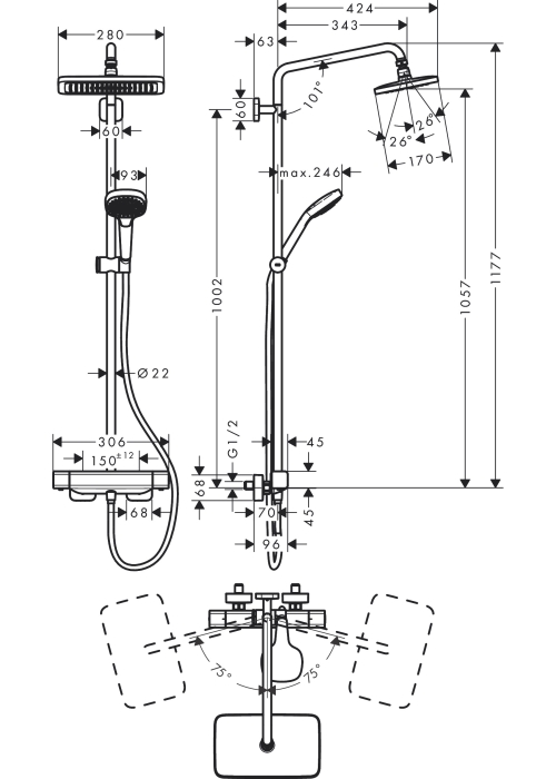 Душова система з термостатом Hansgrohe Croma E Showerpipe 280 1jet EcoSmart 27660000U SHOWROOM