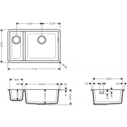 Кухонная мойка под столешницу Hansgrohe S510-U635 две чаши 180/450 Concretegrey 43433380