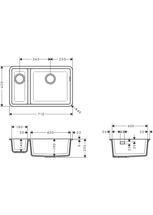 Кухонная мойка под столешницу Hansgrohe S510-U635 две чаши 180/450 Concretegrey 43433380