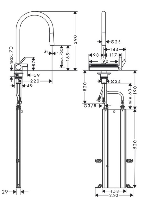 Смеситель для кухни Hansgrohe Aquno Select M81 с выдвижным душем, черный матовый 73831670