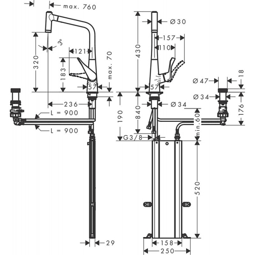 Змішувач для кухні Hansgrohe Metris Select 320 2jet з висувним зливом Sbox Chrome 73806000