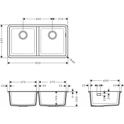 Кухонна мийка під стільницю Hansgrohe S510-U770 дві чаші 370/370 Graphiteblack 43434170