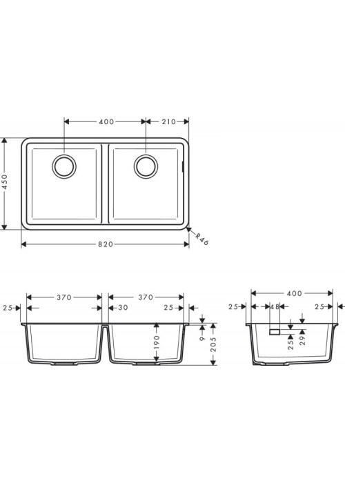 Кухонна мийка під стільницю Hansgrohe S510-U770 дві чаші 370/370 Graphiteblack 43434170