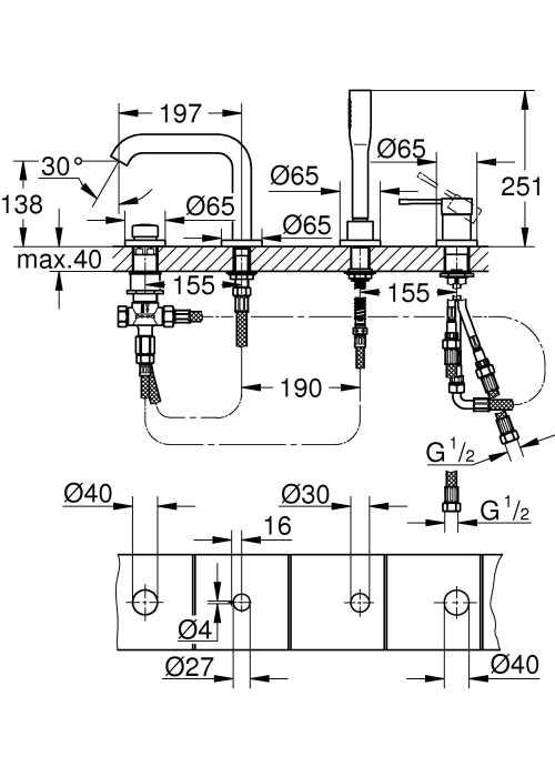 Смеситель для ванны на 4 отверстия GROHE Essence 19578GL1