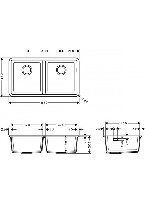 Кухонная мойка под столешницу Hansgrohe S510-U770 две чаши 370/370 Stonegrey 43434290