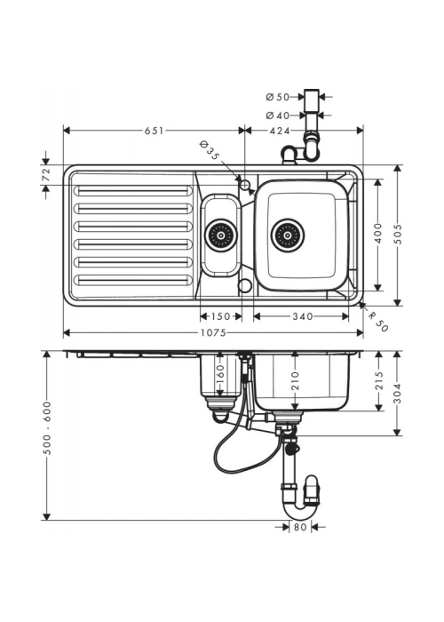 Кухонна мийка Hansgrohe S4113-F540 на стільницю 1075х505 із сифоном automatic 43339800